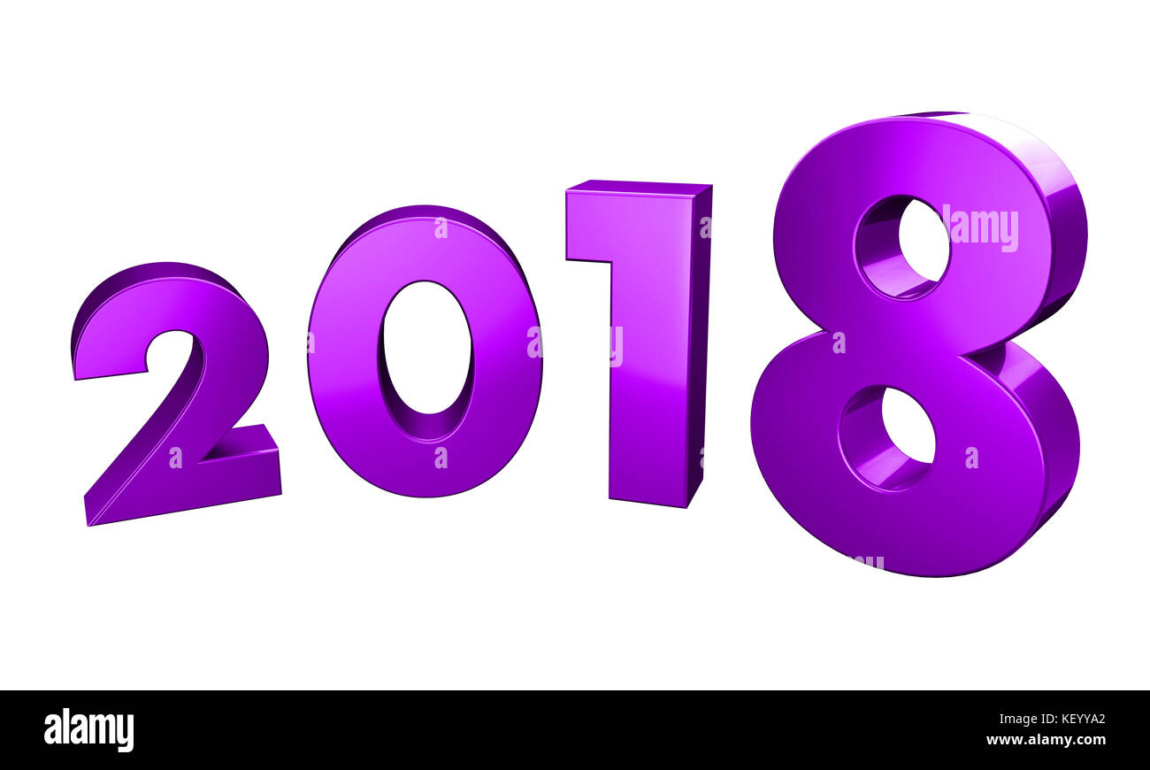 Dreidimensionales Rendering des Jahres 2018 in gekrümmter Form mit Beschneidungspfad in der Datei für Transparenz, in violetter Farbe Stockfoto
