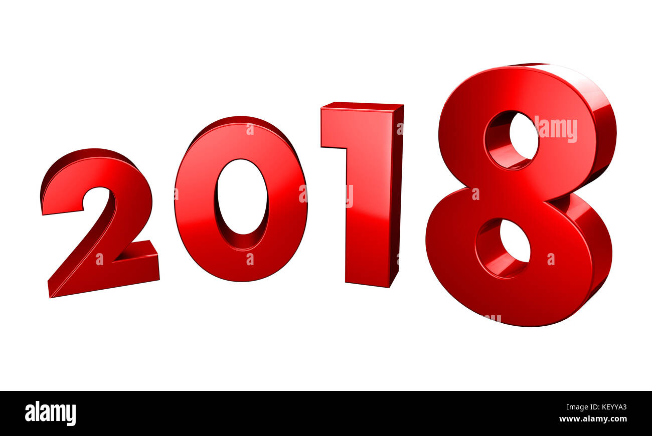 Dreidimensionales Rendering des Jahres 2018 in gekrümmter Form mit Beschneidungspfad in der Datei für Transparenz, in roter Farbe Stockfoto