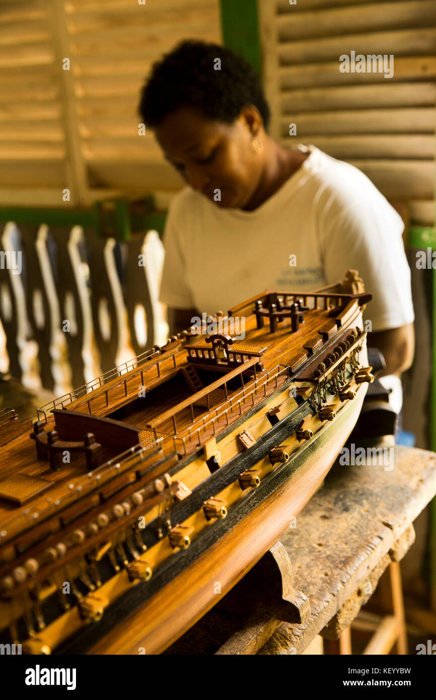 Die Seychellen, Praslin, Anse aux Pins, St Roche Au Cap, Cultural Village, schiffsmodell Workshop Stockfoto