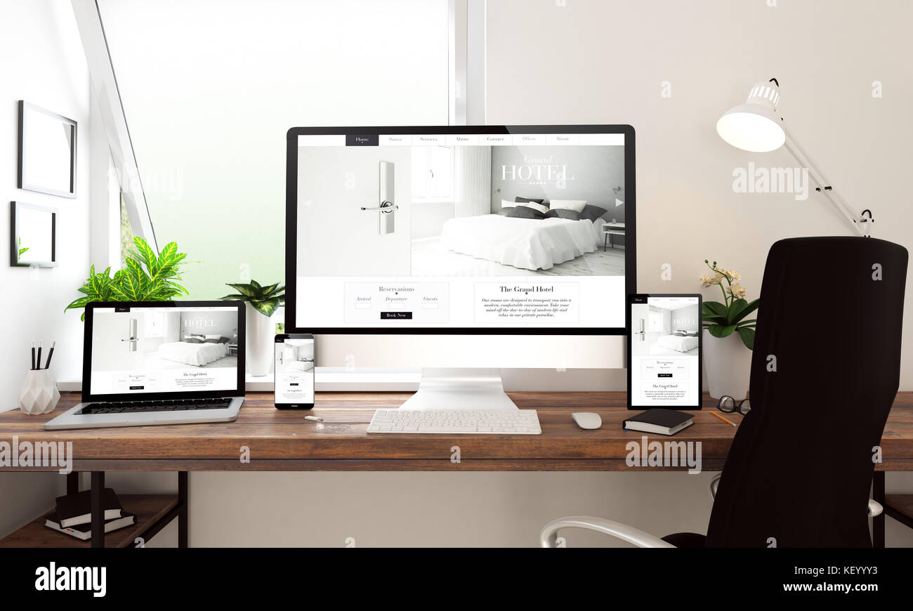 3D-Rendering von Computer, Notebook, Tablet-PC und Smartphone zeigt moderne Hotel buchen web design Stockfoto