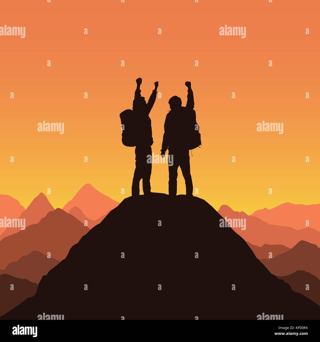 Vector Illustration einer Berglandschaft mit realistischen Silhouetten von zwei Bergsteiger auf der Spitze eines Berges mit siegreichen Geste unter Stock Vektor