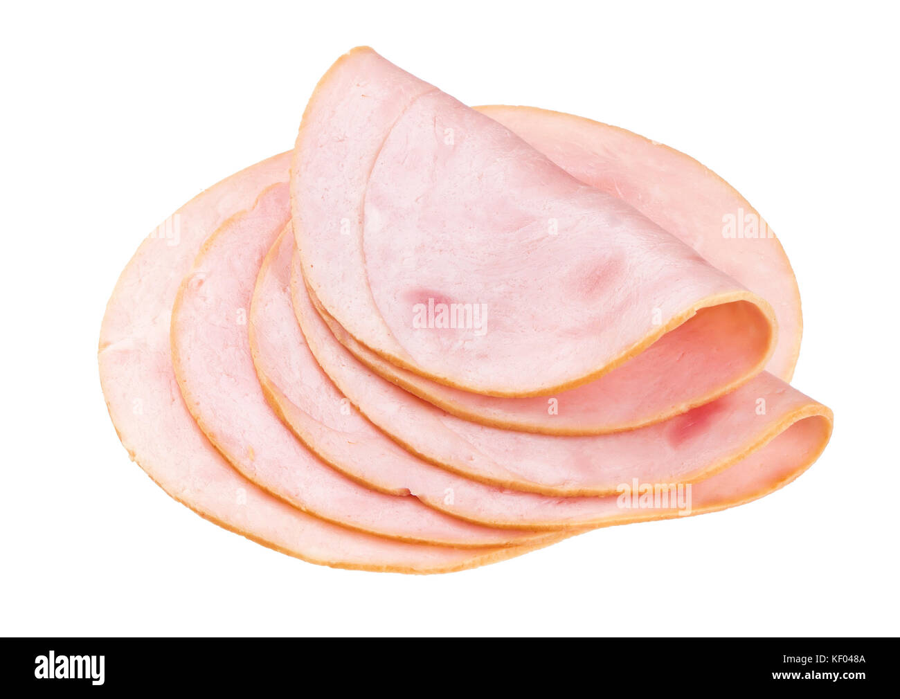 Scheiben geräucherter Schinken oder Wurst isoliert auf weißem Stockfoto