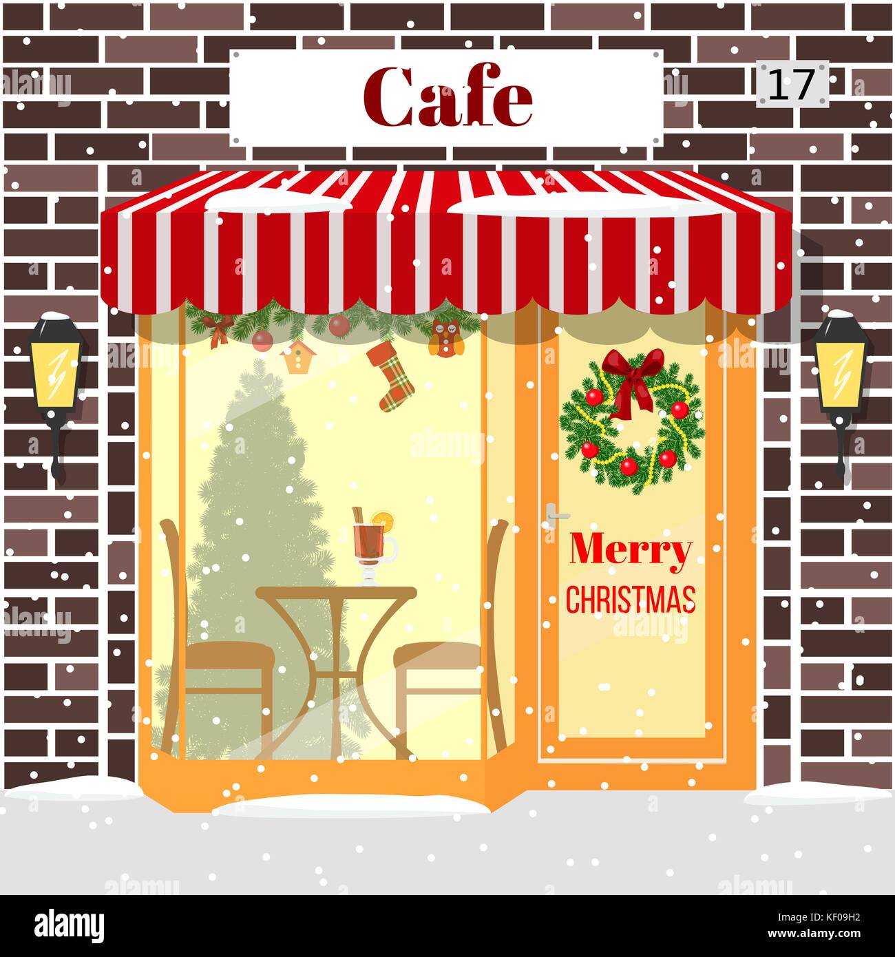 Weihnachten dekoriert Cafe oder Coffee Shop. Fassade aus rotem Backstein. Stock Vektor