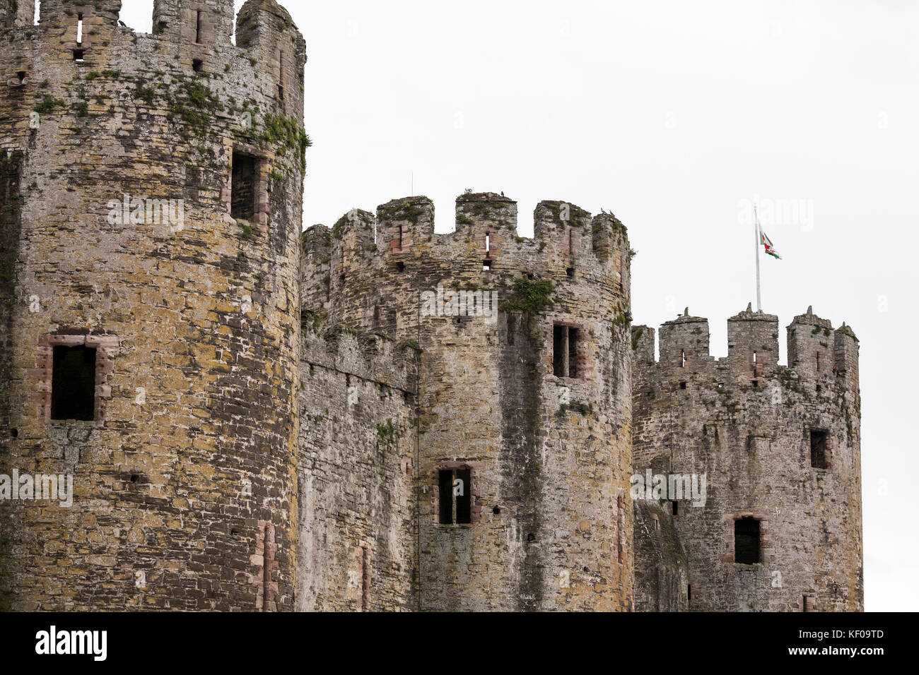 Conwy Castle Türmchen walisische Flagge im Wind fliegen Stockfoto