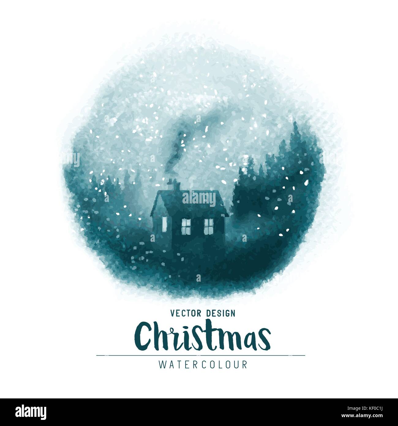 Ein Winter Weihnachten Aquarell malerische mit einem Haus in einem Wald mit fallender Schnee. Vector Illustration Stock Vektor