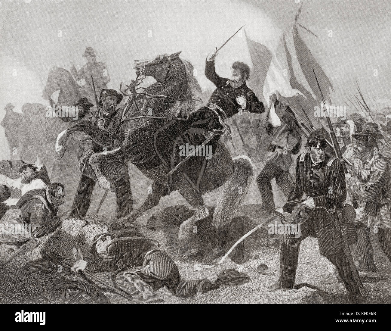 Die Schlacht von Wilson's Creek, auch bekannt als die Schlacht von Oak Hills, 1861, die erste große Schlacht im Trans-Mississippi Theater im Amerikanischen Bürgerkrieg. Aus Hutchinsons Geschichte der Nationen, veröffentlicht 1915. Stockfoto