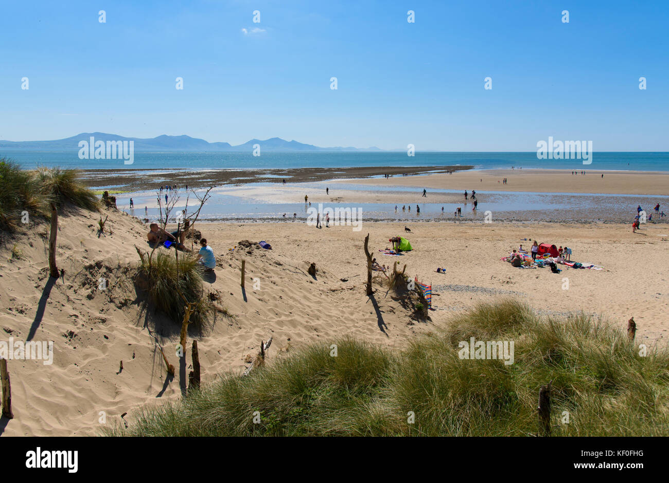 Besucher am Strand von Newborough, Llanddwyn Bay, Newborough, Anglesey. Stockfoto