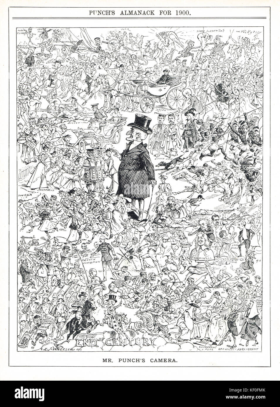 Das Ende des Jahrhunderts, Punch-Cartoon von 1900. Cartoon von E. J. Wheeler. Darstellung sportlicher, politischer und gesellschaftlicher Ereignisse am Ende des Jahrhunderts. Stockfoto