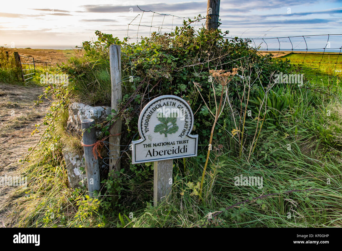 National Trust-Zeichen in Abereiddi, Abereiddy, Pembrokeshire, Dyfed, Wales, Vereinigtes Königreich. Stockfoto