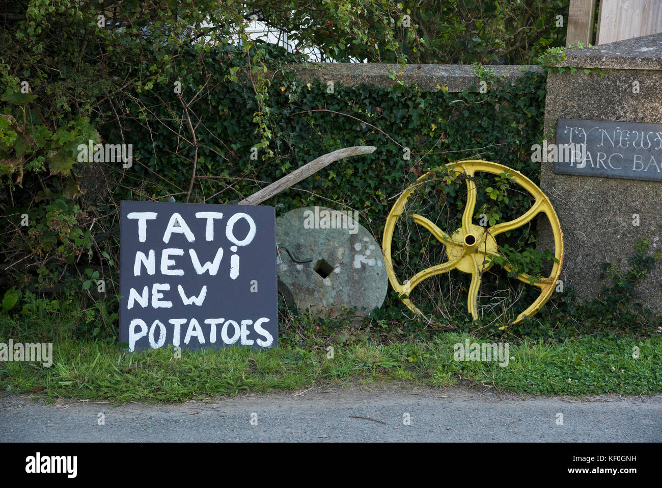 New Potatoes Schild, Porthgain, Pembrokeshire, Dyfed, Wales, Vereinigtes Königreich. Stockfoto
