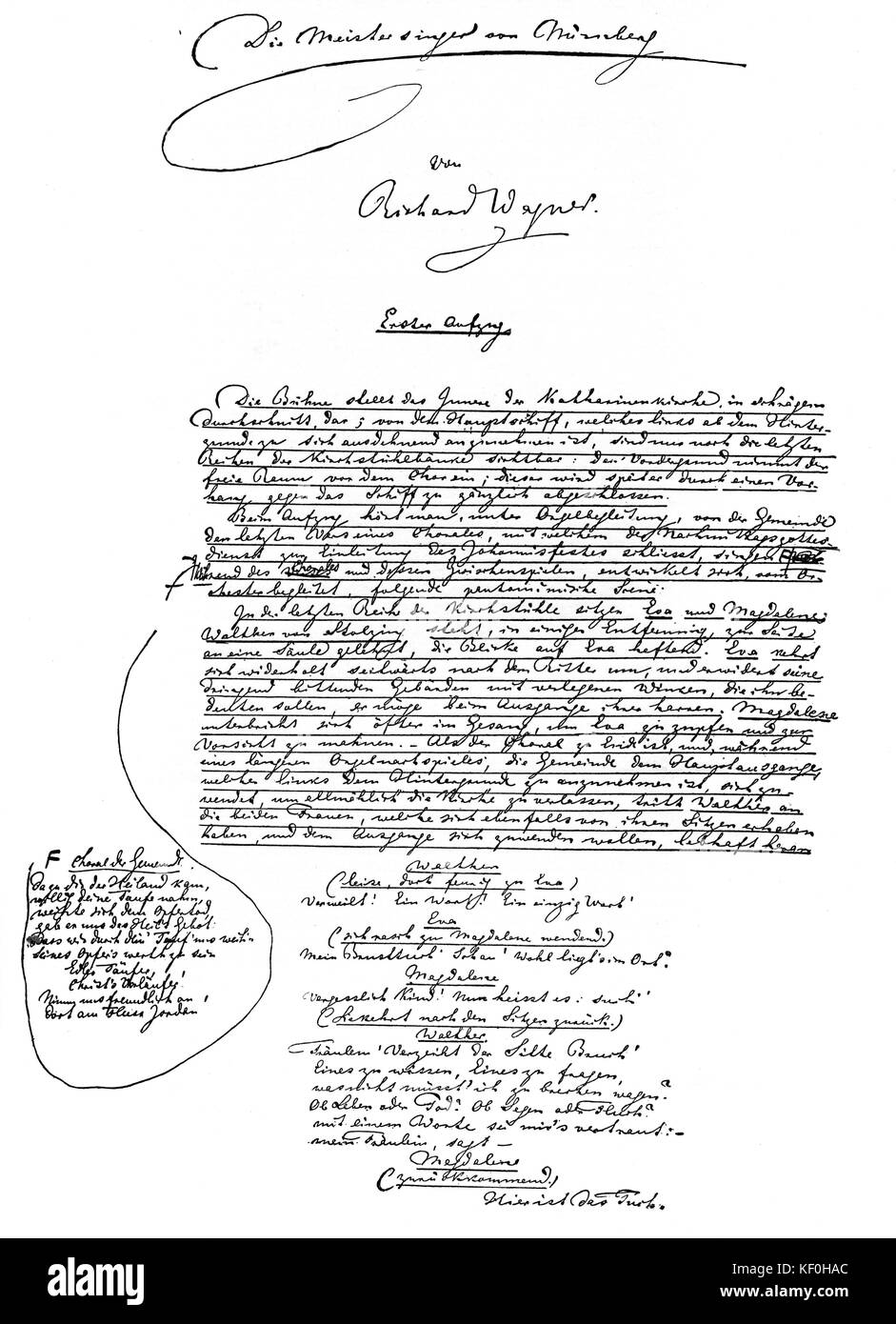 Wagners 'Die Meistersinger von Nürnberg' Die Meistersinger von Nürnberg" - erster Entwurf der Öffnung Seite in seiner eigenen Hand geschrieben. Richard Wagner deutsche Komponist & Autor, 22. Mai 1813 - vom 13. Februar 1883. Stockfoto