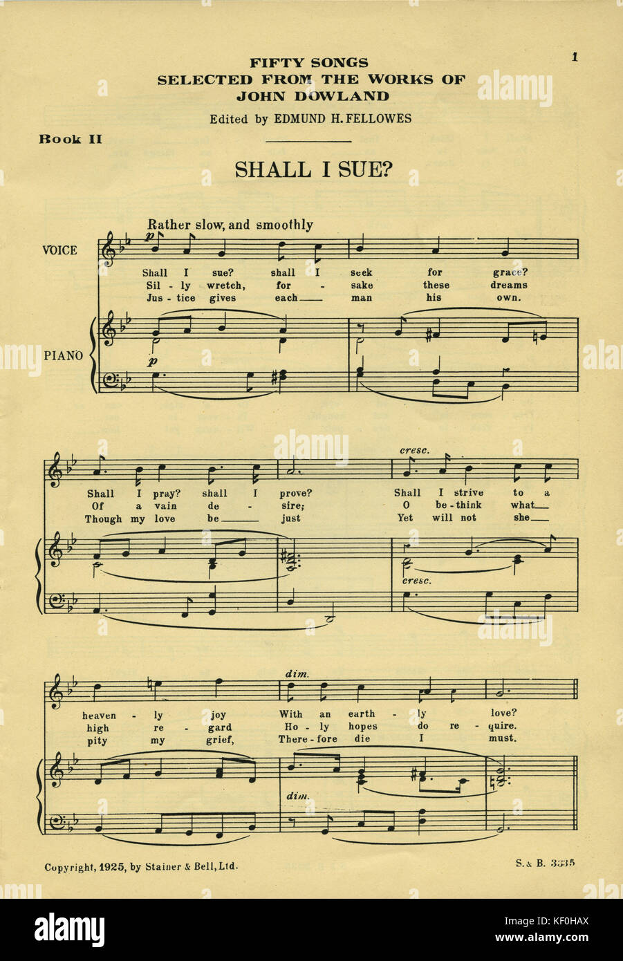 John Dowland, erste Seite der gedruckten Partitur für Song "soll ich klagen?" Von "50 Lieder von John Dowland", veröffentlichte Stainer & Bell, London, 1925. JD, Komponist, Sänger und Lautenist, 1563-1626. Stockfoto