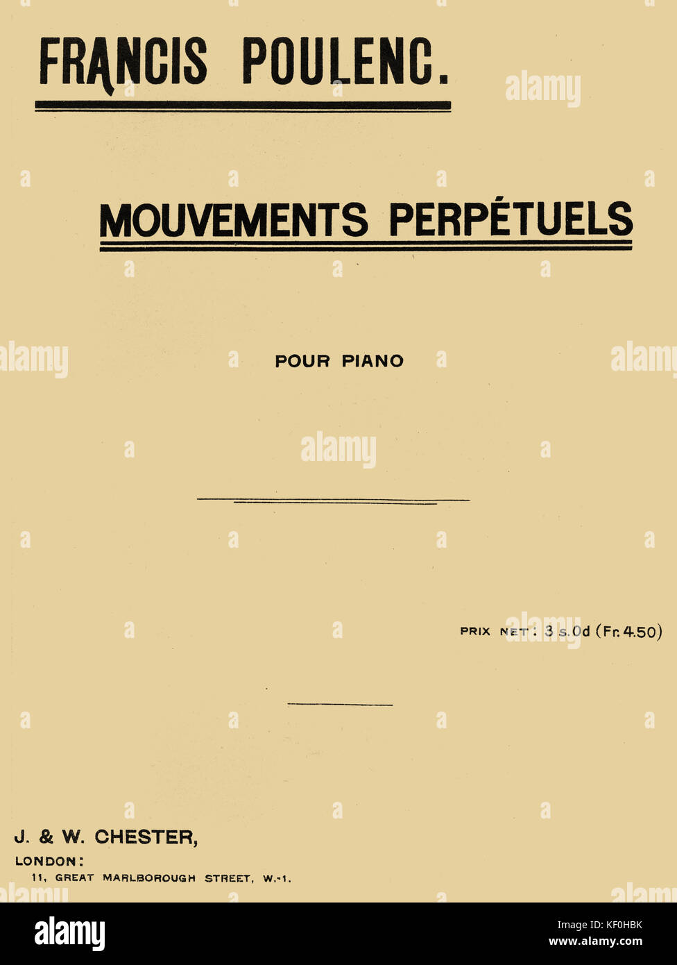 Francis Poulencs 'Mouvements perpetuels pour Piano." Ergebnis. J&W Chester, nd. London französische Komponist, vom 7. Januar 1899 - 30. Januar 1963 veröffentlicht. Stockfoto