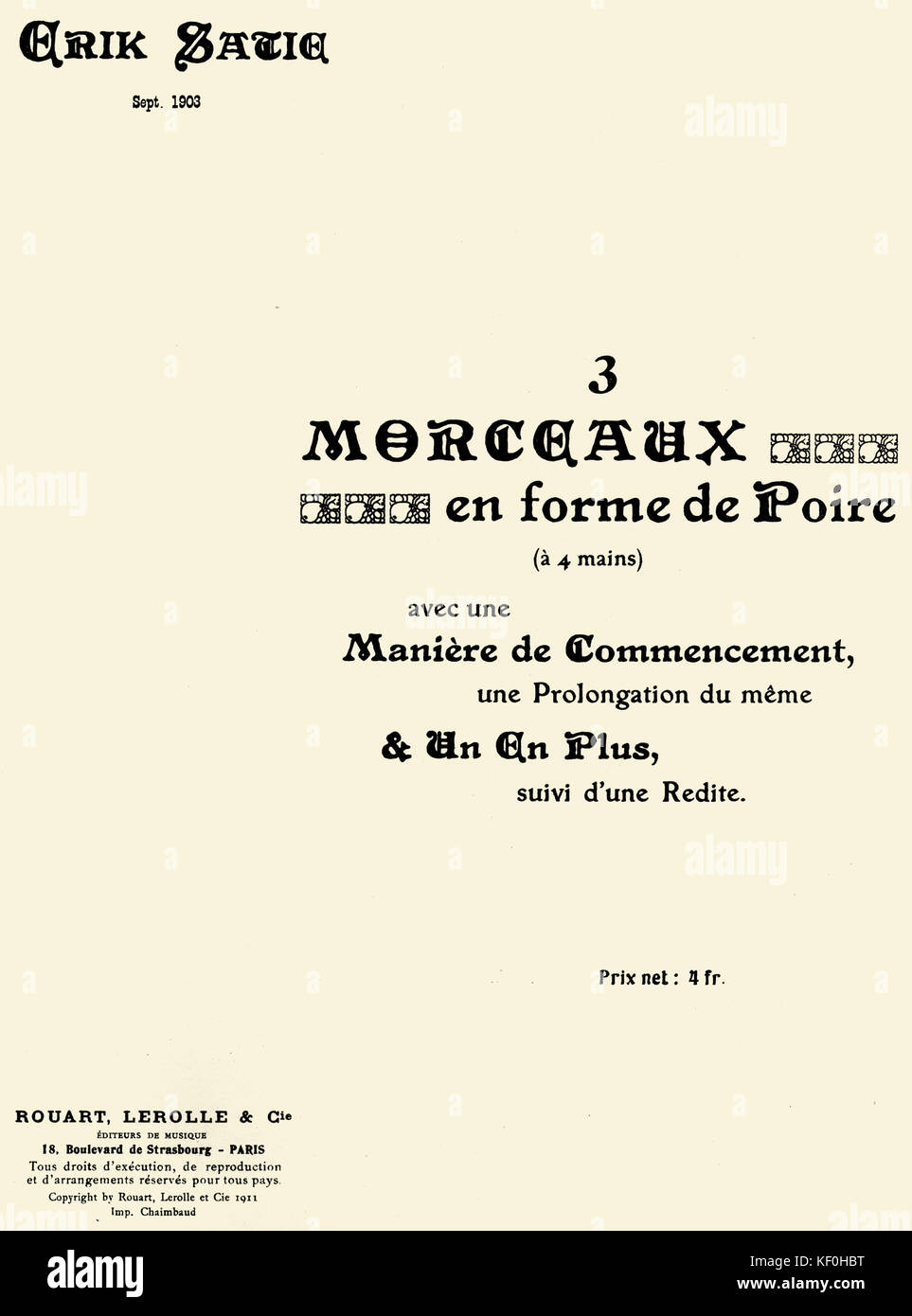 Erik Saties "3 Morceaux en forme de poire, 'Öffnung Seite der Notation, die von Rouart, Lerolle & Cie., Paris, 1911 veröffentlicht. Der französische Komponist, 17. Mai 1866 - 1. Juli 1925. Stockfoto