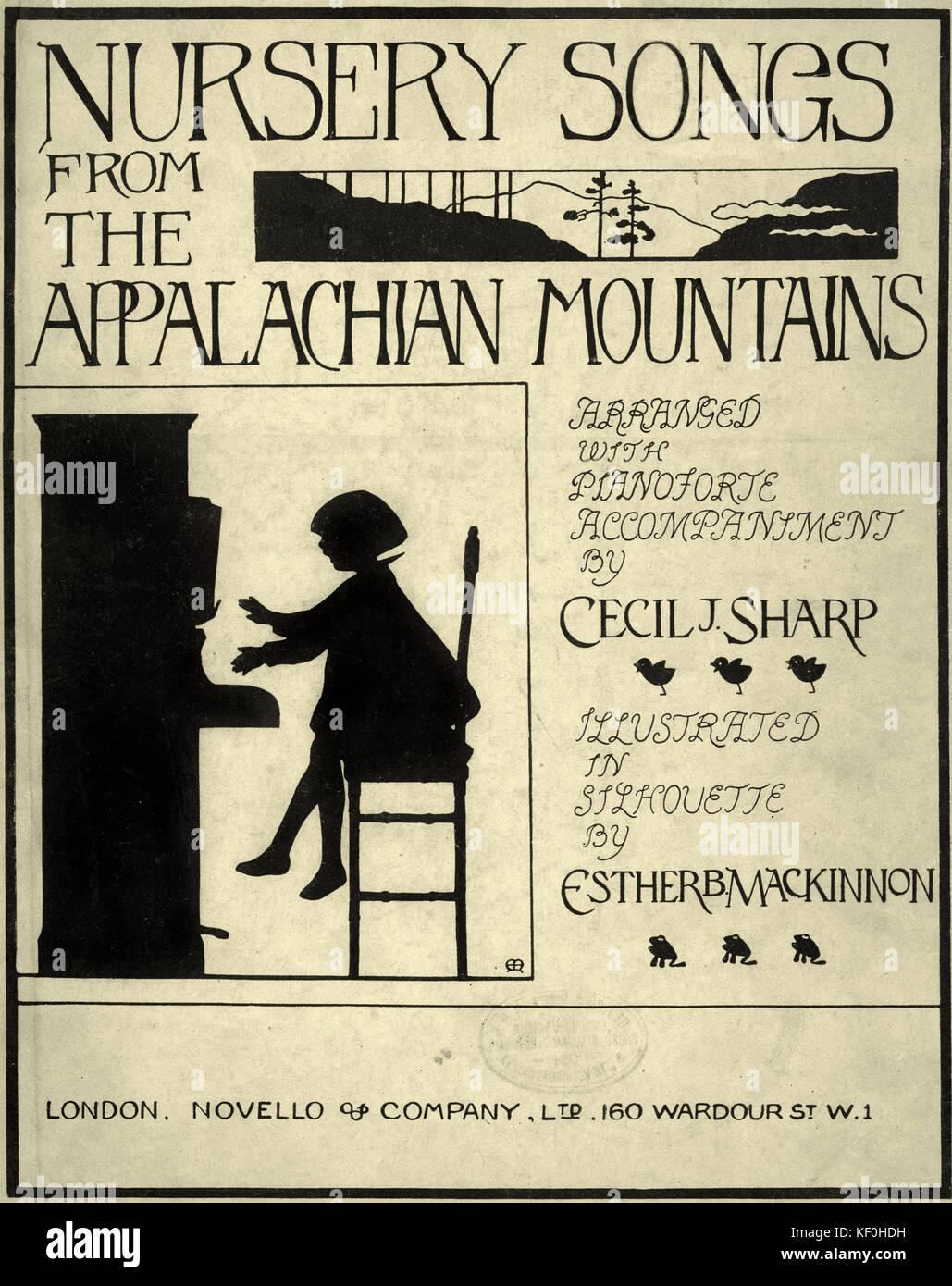 Cecil's J. Scharfe' Kindergarten Lieder aus der Appalachian Berge', illustriert von Esther Mackinnon (1885 - 1934). Abdeckung. Von Novello & Co., London, 1921 veröffentlicht. Englisch Herausgeber und Sammler von Volksliedern, 22. November 1859. - 28. Juni 1924. Stockfoto