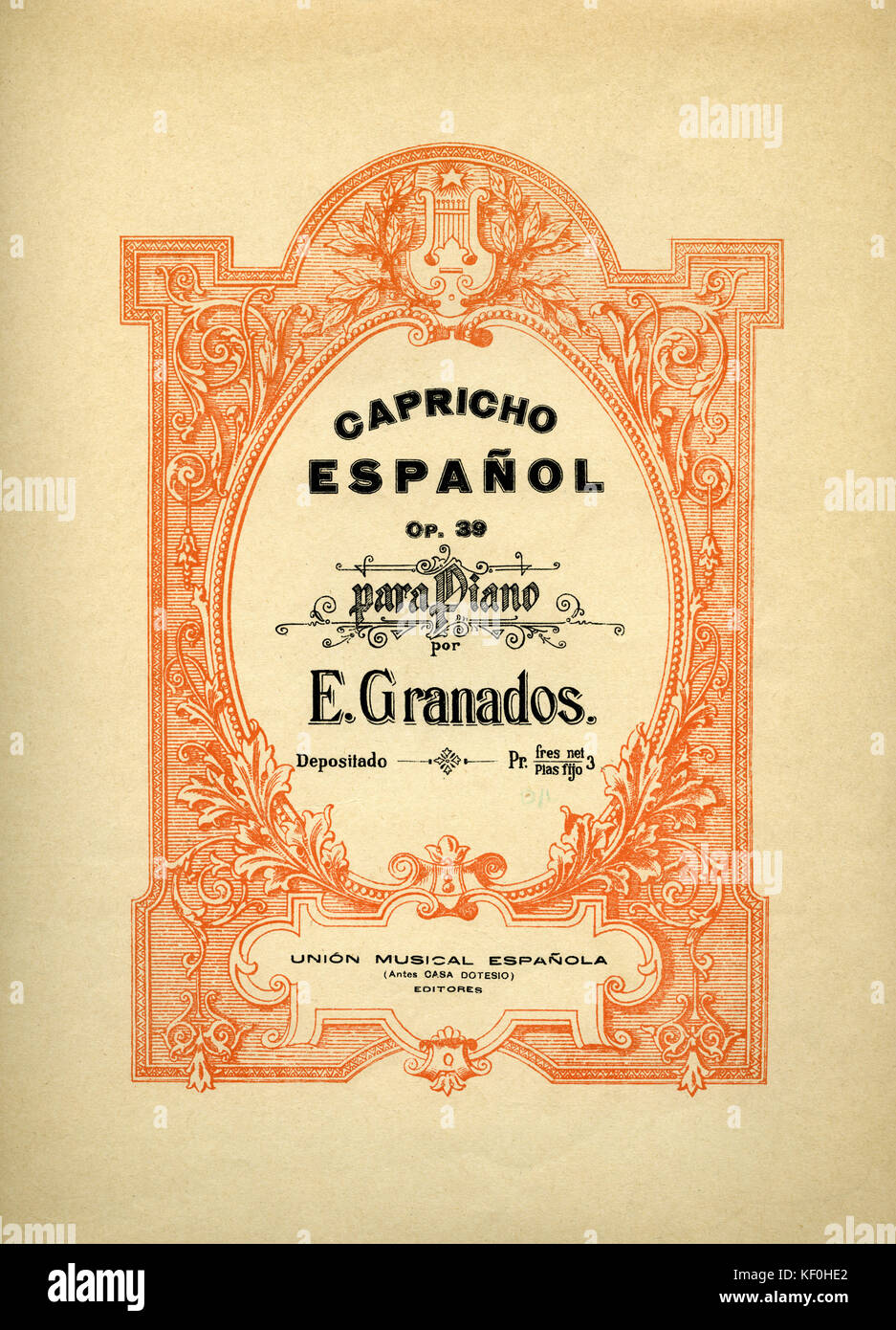 Enrique Granados Op. 39 'Capricho Espanol para Piano'. Ergebnis Abdeckung, veröffentlicht von Union musikalische Espanola. EG, der spanische Komponist, 27. Juli 1867 - 24. März 1916. Stockfoto