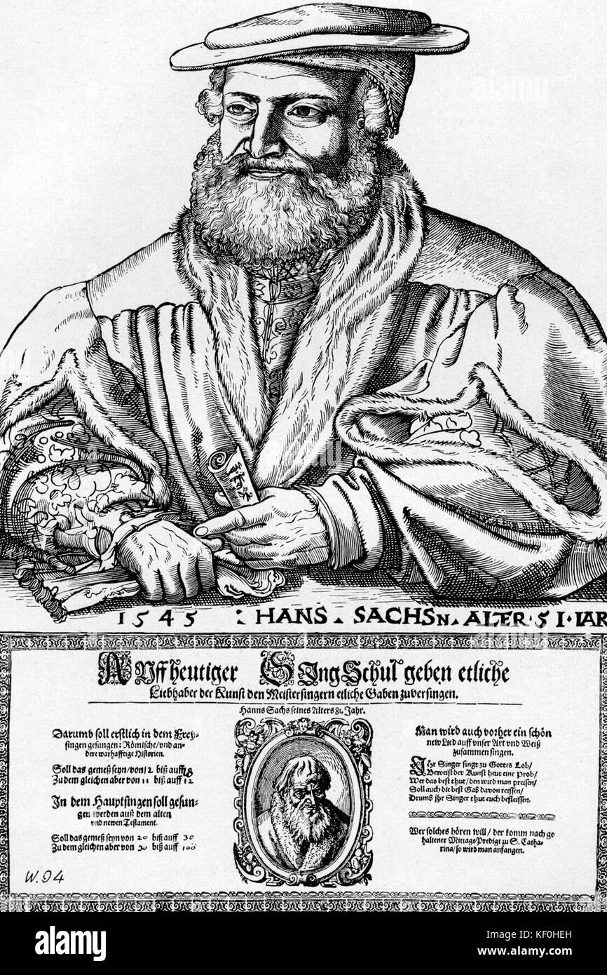 Hans Sachs 51 und eine Werbung für Gesang Klassen im Alter. HS deutscher Meistersinger, Dichter, Dramatiker und Schuhmacher 5 November 1494 - 19. Januar 1576. Stockfoto