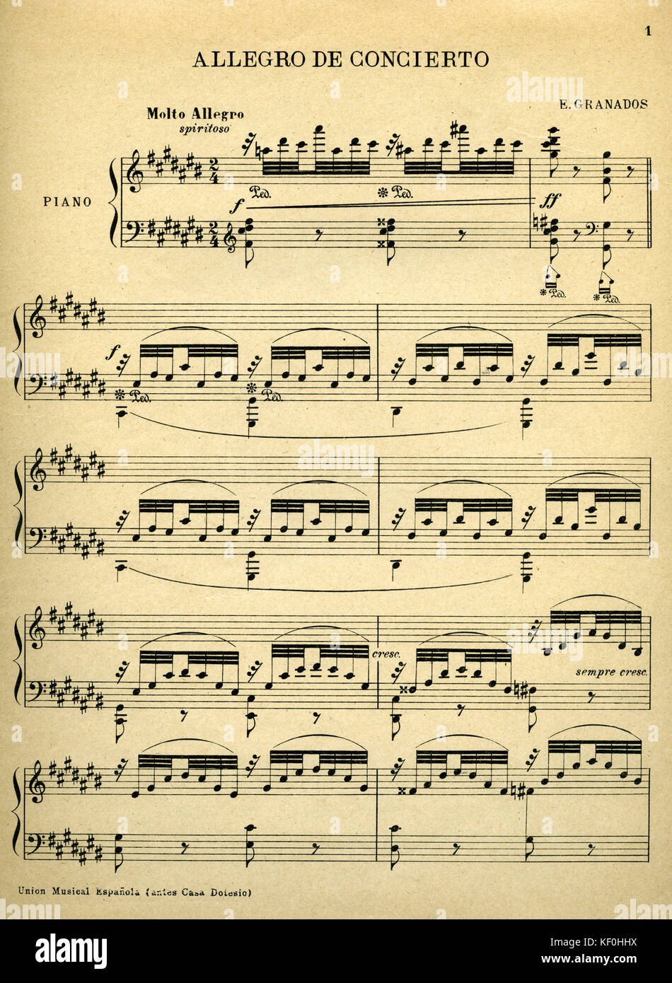 Enrique Granados Op. 39 'Capricho Espanol para Piano', herausgegeben von Union musikalische Espanola. Die erste Seite der Partitur, "Allegro de Concierto'. EG, der spanische Komponist, 27. Juli 1867 - 24. März 1916. Stockfoto