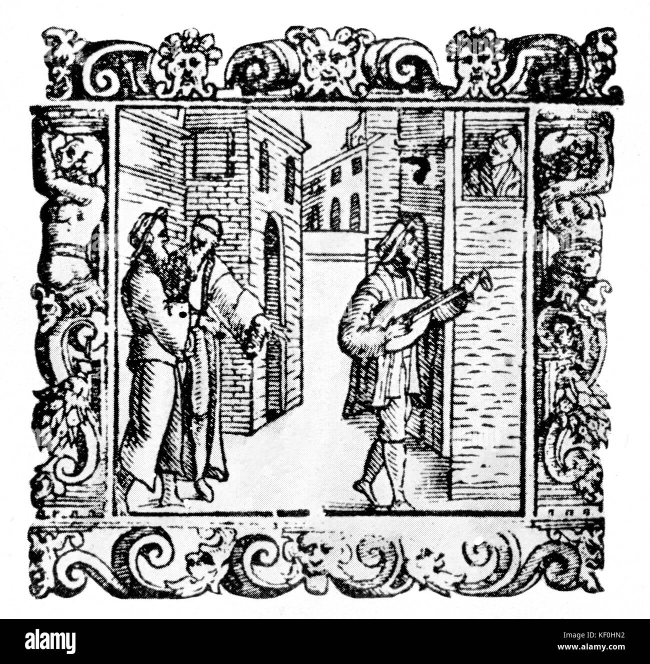 "L'Amfiparnaso" durch Orazio Vecchi, einem madrigal Komödie von 1597. Die Abbildung zeigt die Zeichen Gratiano, Pantalone und Francatrippa aus der 1610 Ausgabe des "L'Amfiparnaso". OV Italienischer Komponist vom 6. Dezember 1550 bis 19. Februar 1605. Stockfoto