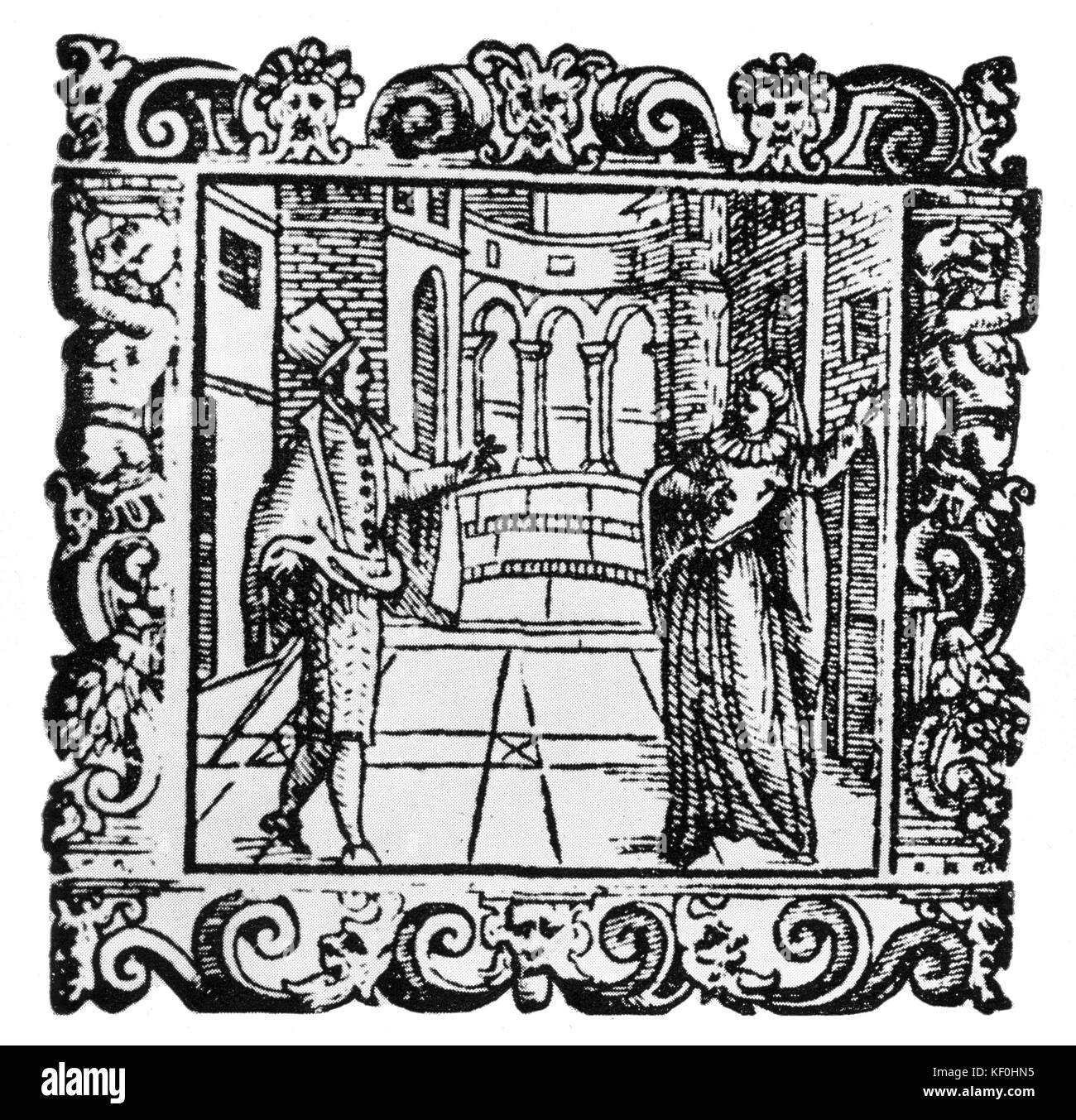 "L'Amfiparnaso" durch Orazio Vecchi, einem madrigal Komödie von 1597. Die Abbildung zeigt die Zeichen Isabella und Lucio aus der 1610 Ausgabe des "L'Amfiparnaso". OV Italienischer Komponist vom 6. Dezember 1550 bis 19. Februar 1605. Stockfoto