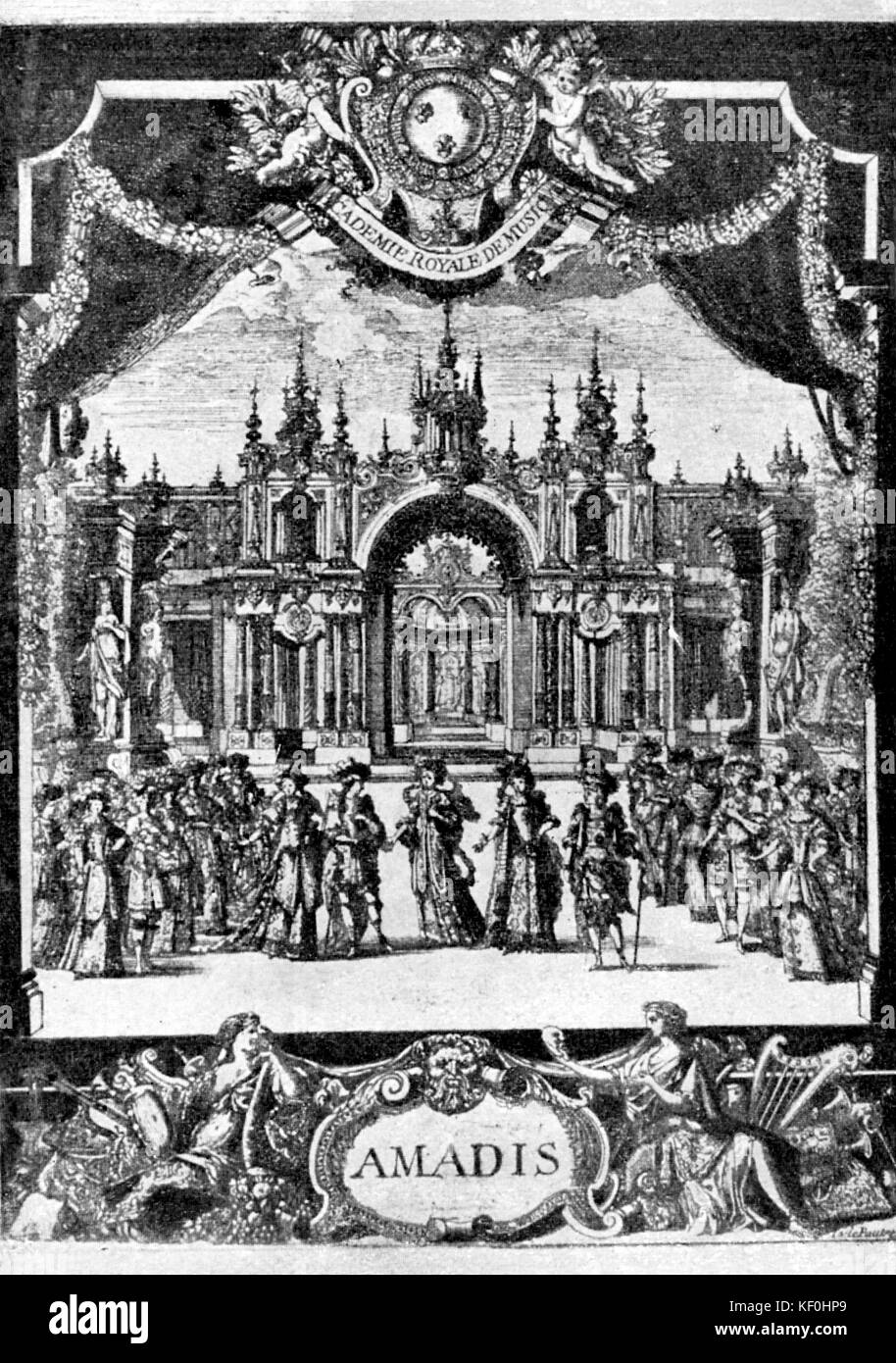 "Die Zigarette Amadis' von Jean-Baptiste Lully. Bühnen- und Kostümentwürfe für die 1684 Produktion von Jean Bérain der Ältere. J-BL Französisch Italienisch Komponist 28. November 1632 - vom 22. März 1687; JBtE französischer Designer und Zeichner 1640 - 24. Januar 1711. Stockfoto