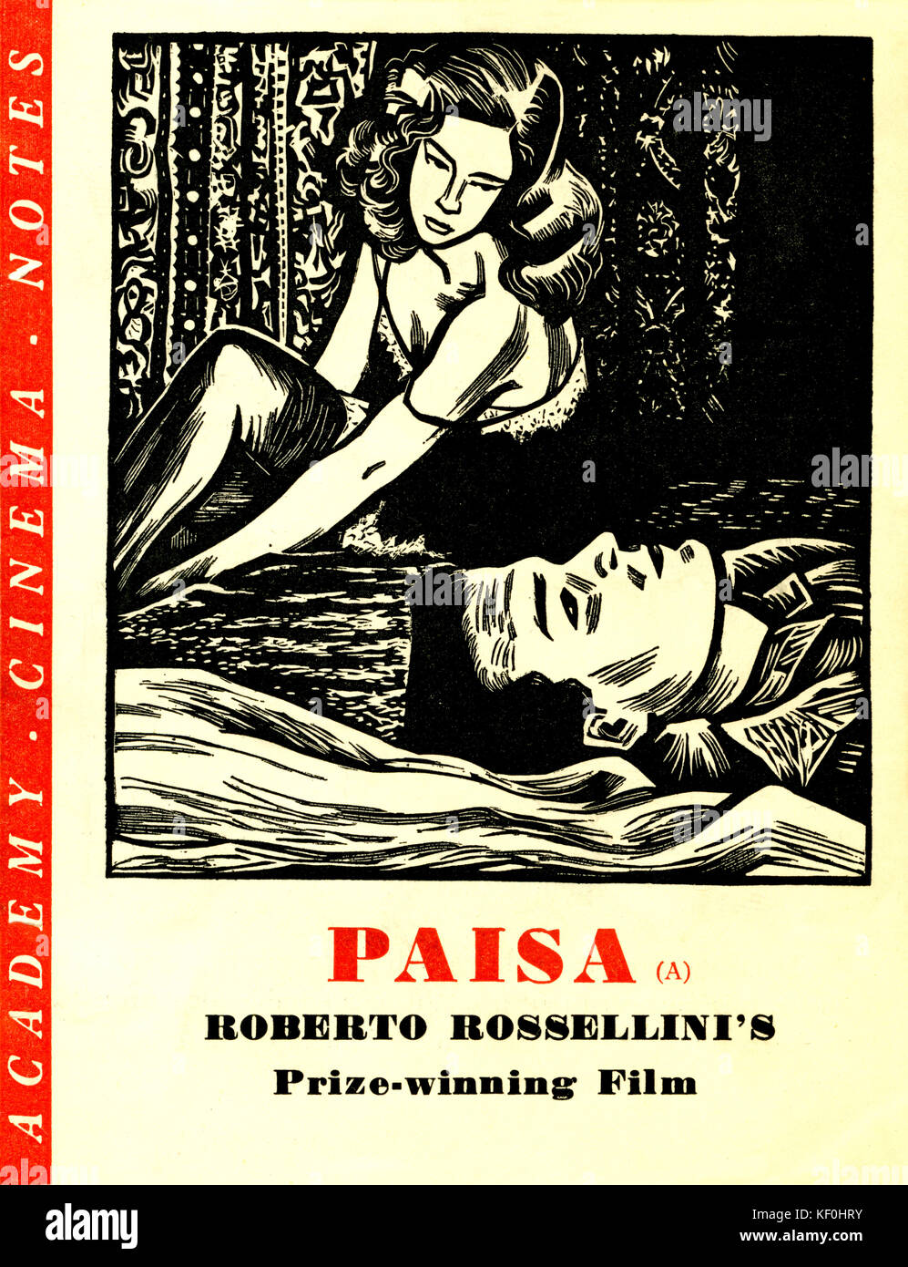 Programm für Film "PAISA" von Roberto Rossellini, 1946. RR italienische Regisseur 8 Mai 1906 - 3. Juni 1977. Stockfoto