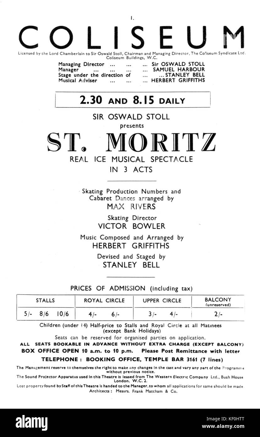 St. Moritz, ein 'Roman real Ice musikalische Spektakel", am Kolosseum, Charing Cross, London. Programm für einen Ice-skating Demonstration, 1930er Jahre. Stockfoto