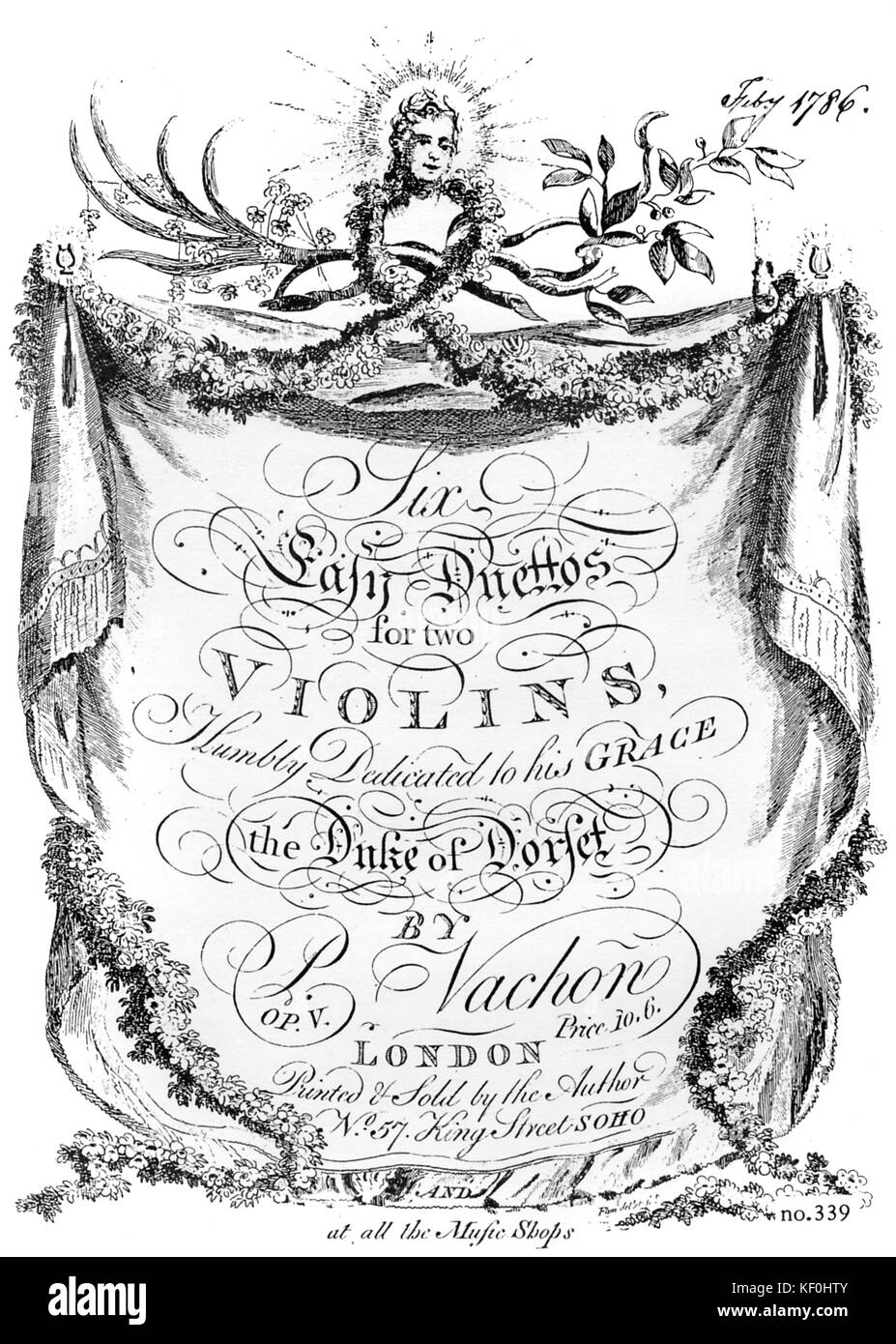 Von Pierre Vachon ix Einfach Duettos für zwei Violinen', die mit dem Herzog von Dorset gewidmet. Opus 5, frontispiz. PV, französischer Violinist und Komponist, 1731 - vom 7. Oktober 1803. Stockfoto