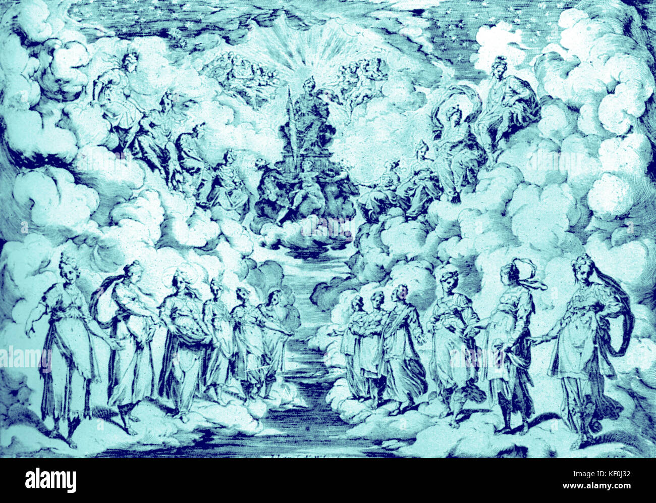 Florentiner Intermedi von 1589-L'armonia della Stere. Einstellung von Bernardo Buontalenti konzipiert für die erste Intermedio vom 1589 Medici Hochzeit: Harmonie herab zur Erde (intermedi versucht zu rekonstruieren, was geglaubt wurde, die Integration in die alte Welt der Musik, Schauspiel und Inszenierung zu sein). Getönte Ausführung. Stockfoto