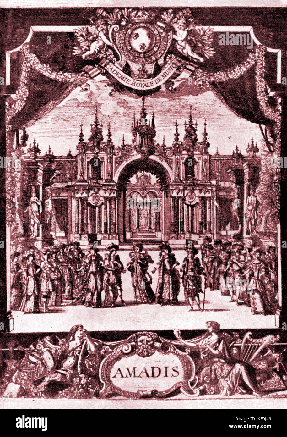 Die Zigarette Amadis' von Jean-Baptiste Lully. Bühnen- und Kostümentwürfe für die 1684 Produktion von Jean Bérain der Ältere. J-BL Französisch Italienisch Komponist 28. November 1632 - vom 22. März 1687; JBtE französischer Designer und Zeichner 1640 - 24. Januar 1711. Getönte Ausführung. Stockfoto