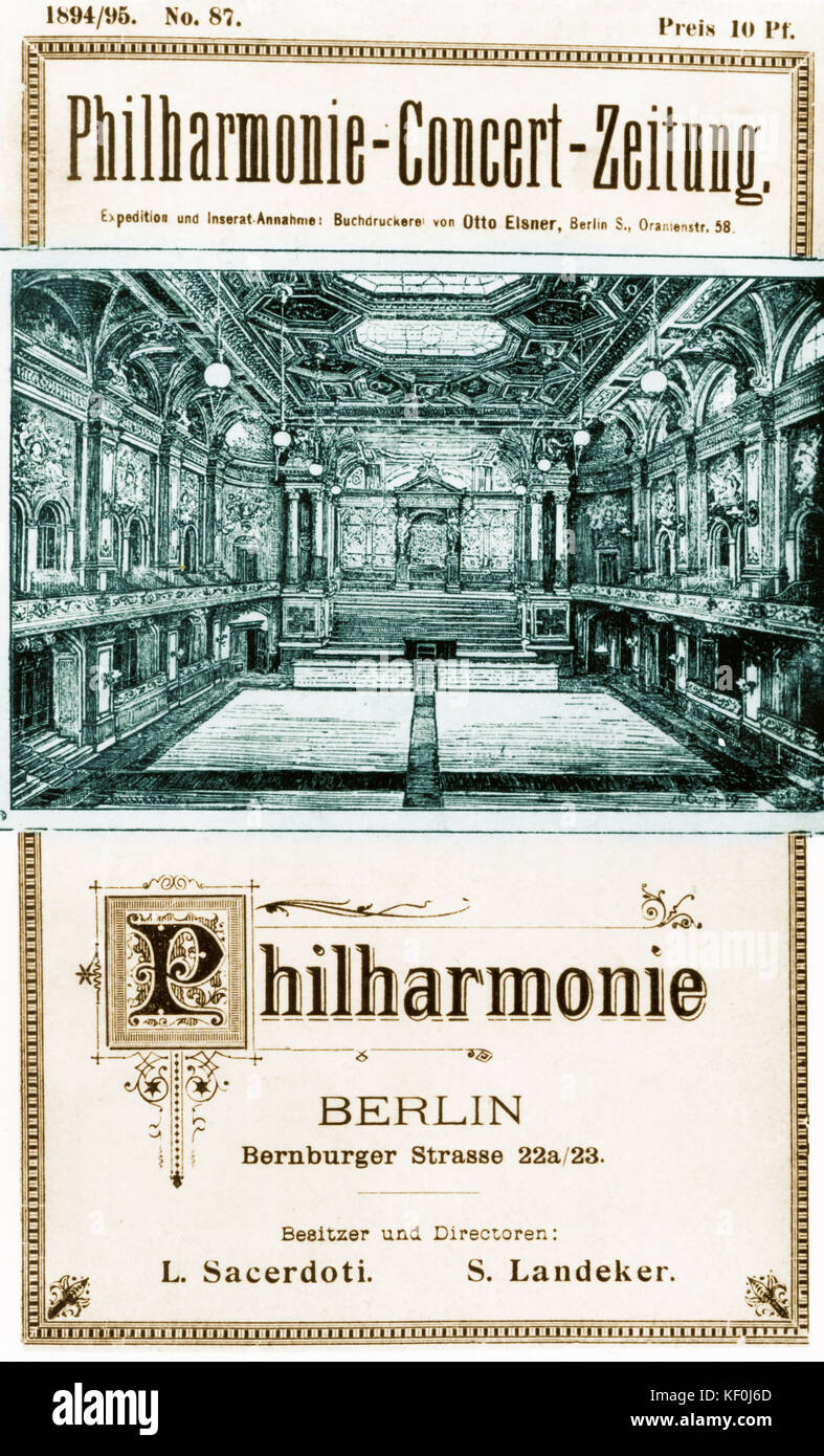Berliner Philharmonie - Programm mit Gravur der Philharmonie auf dem Deckel; Konzert vom 2. Mai 1895 mit Joachim spielt Brahms und Mozart Stücke. Getönte Ausführung. Stockfoto