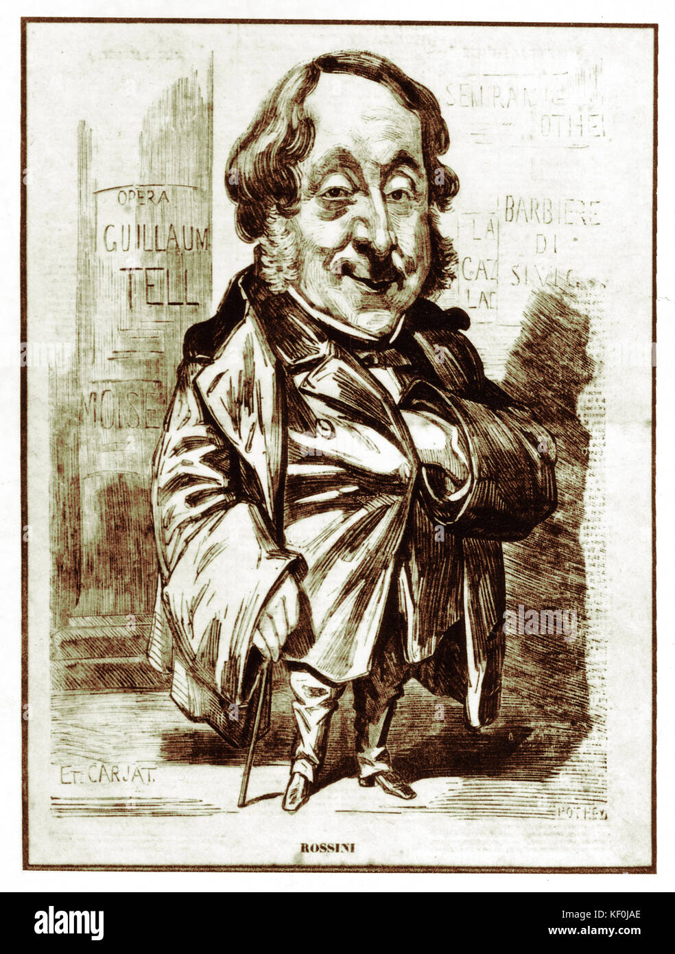 Gioacchino A. Rossini - Karikatur von E. Carjat. Italienischer Komponist, 29. Februar 1792 - 13. November 1868. Plakatwand mit Namen seiner Opern hinter ihm - erfolgreicher Opernautor. Auch Gioachino Stockfoto