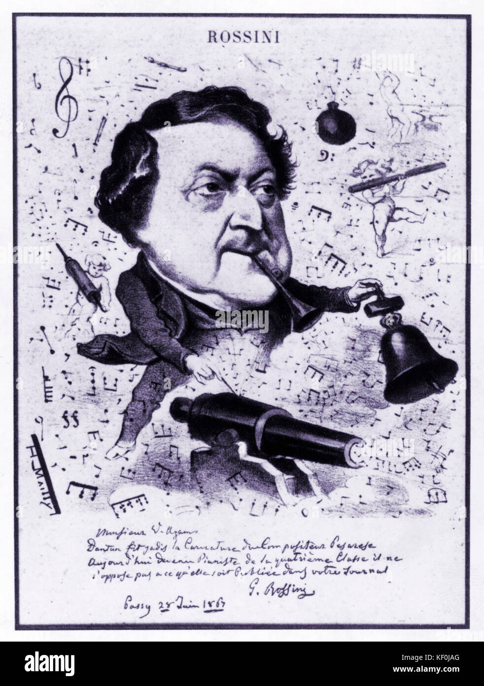 Gioacchino A. ROSSINI Karikatur von Mailly, 1867 - Musik machen mit Kanon, Glocken. Italienischer Komponist, 29. Februar 1792 - 13. November 1868. Erschienen in Le Hanneton. Auch Gioachino Stockfoto