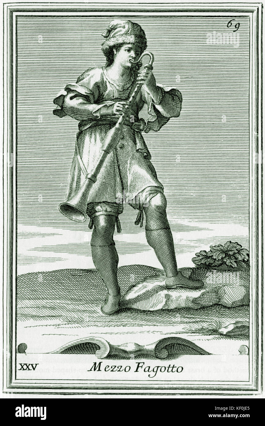 Barockoboe player - Tenor oboe Abbildung von Filippo Bonanni's 'Gabinetto Armonico" im Jahre 1723 veröffentlicht, Abbildung 69. Kupferstich von Arnold Van Westerhout. Bildunterschrift liest Mezzo Fagotto Stockfoto