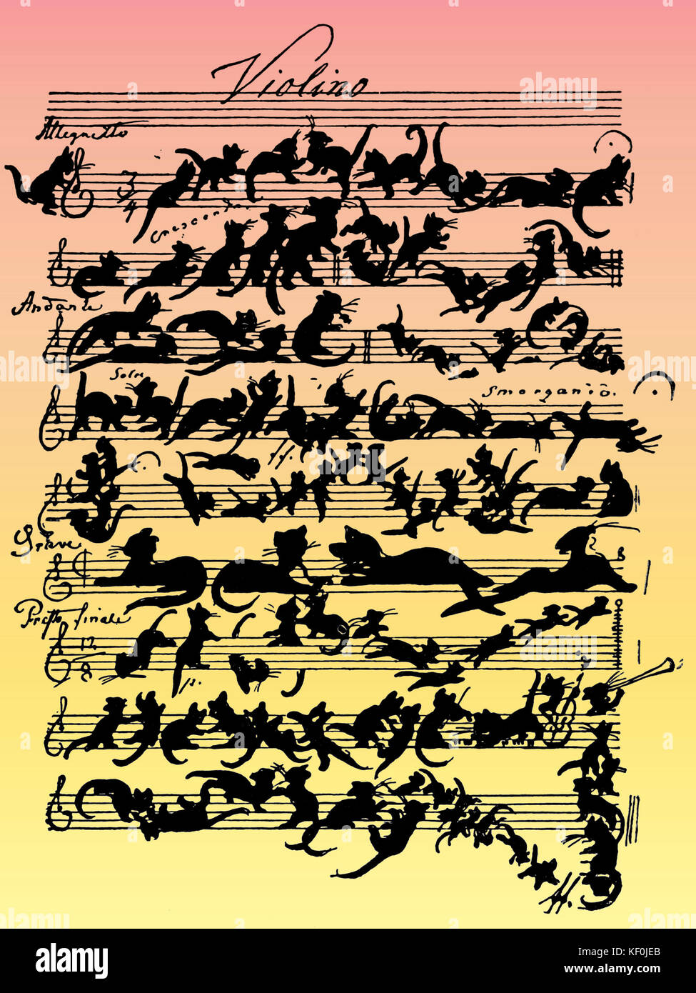 'Cat Violine Score" von Moritz von Schwind mit dem Titel "Zukunftsmusik" (Musik der Zukunft). Begriff geprägt von Wagner parodieren Wagners Konzept. Von Schwind wurde in Schuberts Freundeskreis. 1804-1871, österreichischer Maler. Stockfoto