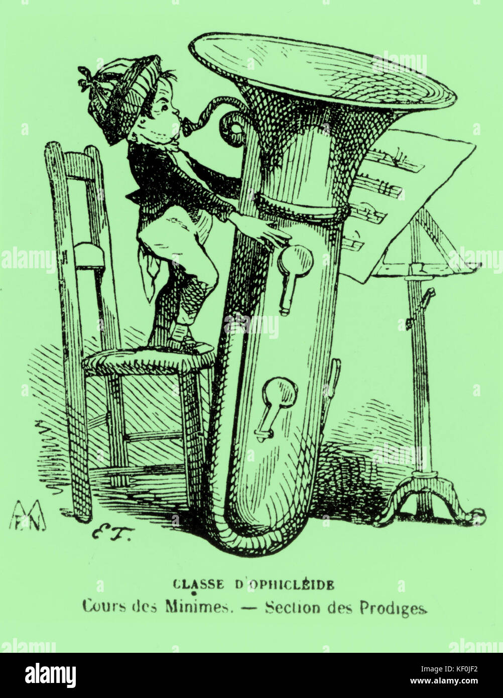 INST- MESSING- OPHICLEIDE 19. Jahrhundert Französische Karikatur.Cap liest 'Classe d'Ophicleide. Cours des Minimes. Instrumente des Prodiges. Wind Stockfoto
