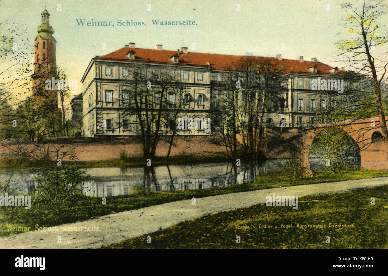 Weimar, Deutschland: Schloss, Wasserseite (Palast und Riverside) Postkarte. Stockfoto