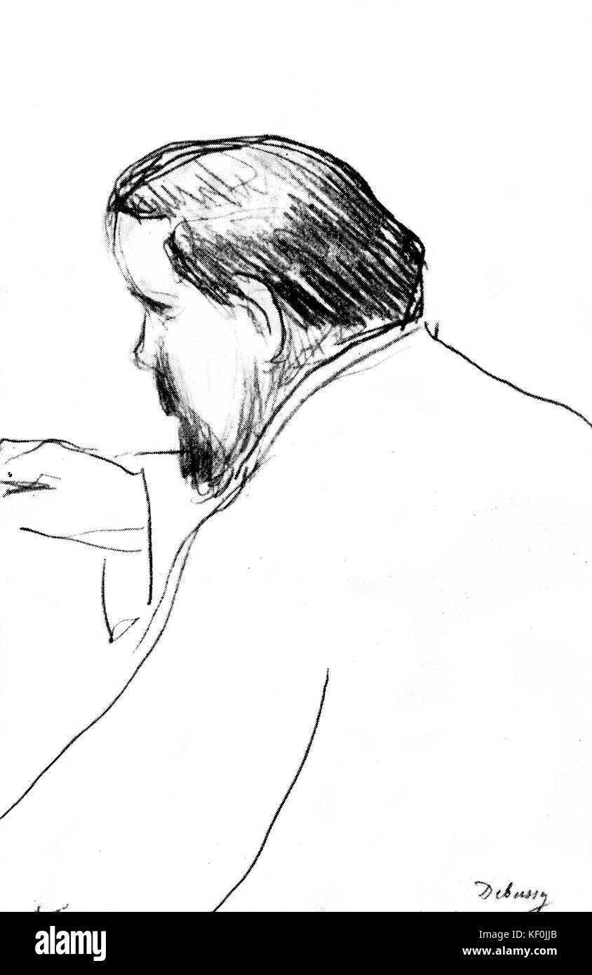 Claude Debussy - CROQUIS (schnelle Skizze) Porträt von Flandrin gezeichnet, während Debussy Durchführung war "Prélude à l'Après-Midi d'un faune", 30. April 1913. CD: der französische Komponist, 22. August 1862 - 25. März 1918. Stockfoto