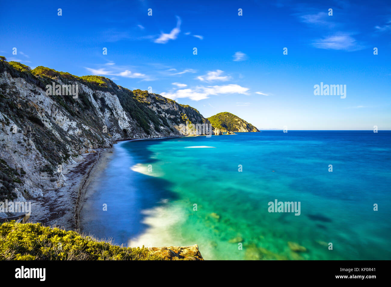 Insel Elba, Portoferraio sansone white beach Küste. Toskana, Italien, Europa. langen Belichtungszeit. Stockfoto