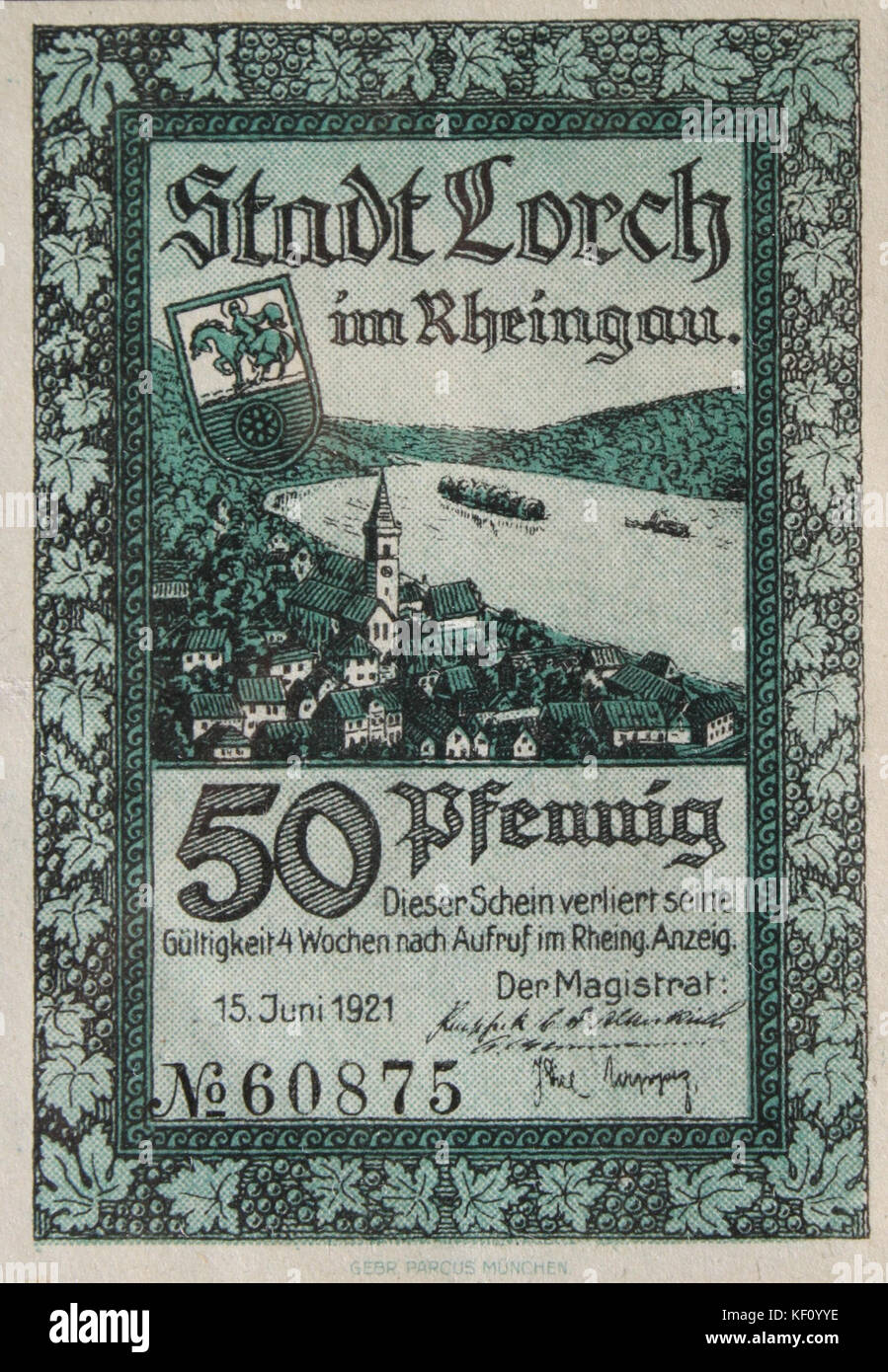 Dies ist ein Notgeldschein, eine Form von Notgeld, die vom Freistaat Flaschenhals ausgegeben wird, wahrscheinlich während einer Finanzkrise oder eines Krieges. Es ist Teil der numismatischen Geschichte des frühen 20. Jahrhunderts. Stockfoto