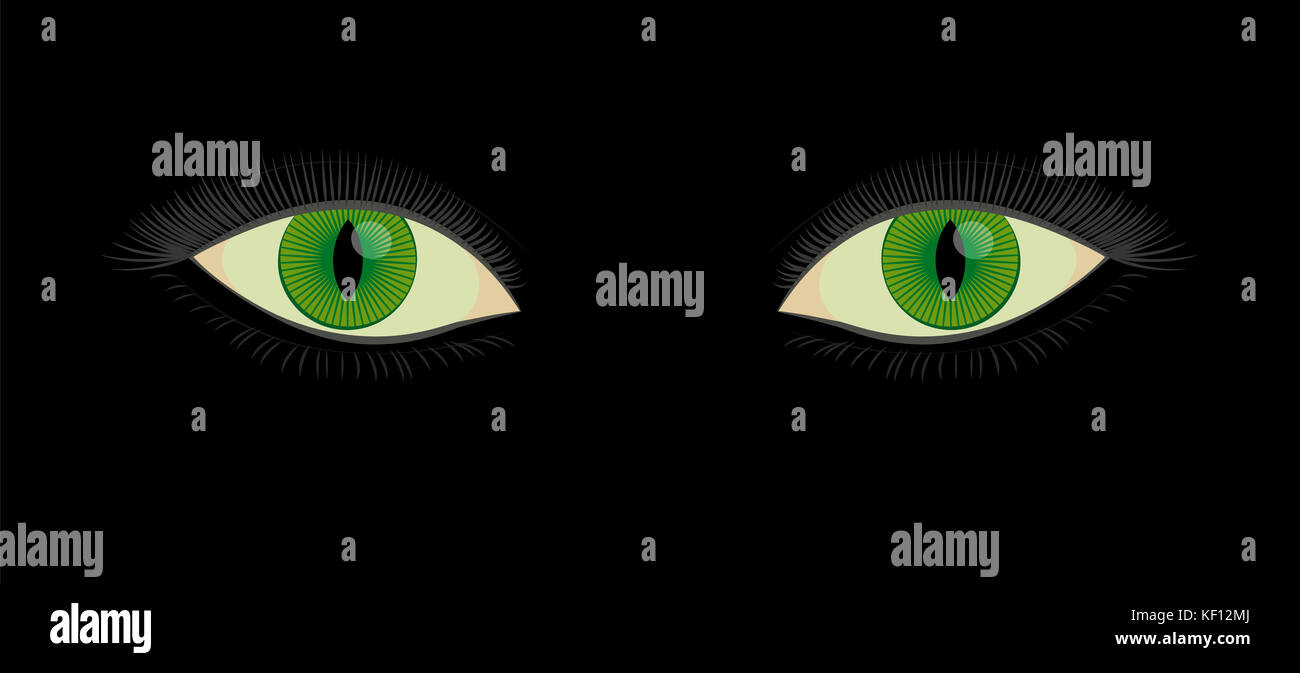 Grüne menschlichen Katzen Augen mit Schlitz Schüler - Schöne, gruselige, weiblichen Mystic fantasy Kreatur im Suchen Sie aus der Dunkelheit. Stockfoto
