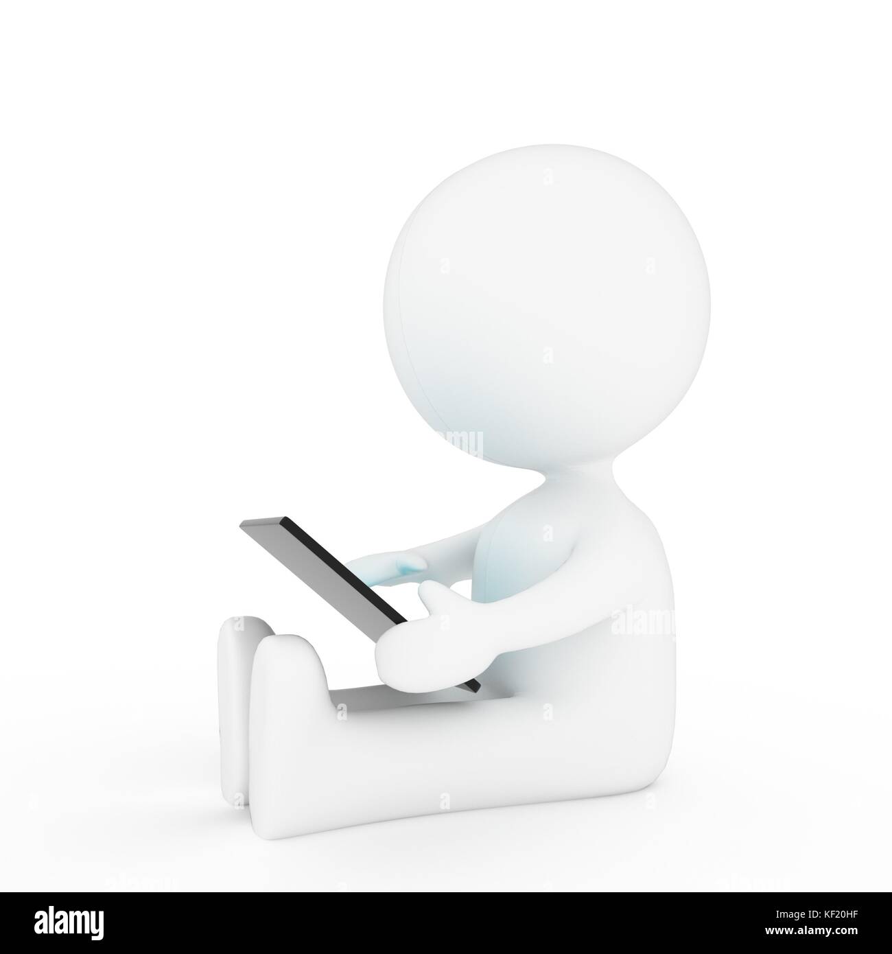Kleine weiße Menschen Charakter hinsetzen und Tablet auf isolierten weißen Hintergrund in 3D-Spielen Stockfoto