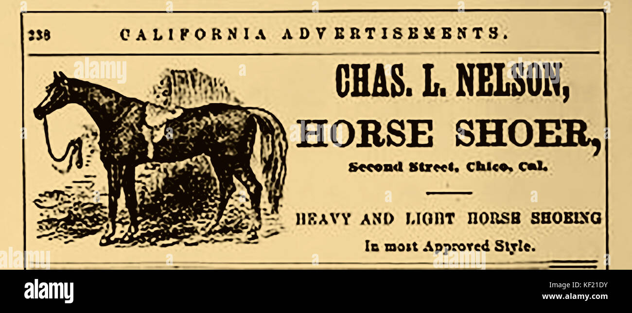 1877 - Historische uns Werbung für Charles L. Nelson, Pferd, Dusche der zweiten Straße, Chico, (Stadt der Rosen) Kalifornien Stockfoto