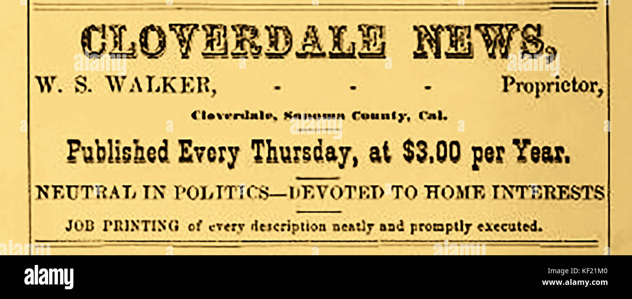 1877 Zeitungsanzeige für die Cloverdale Nachrichten, Kalifornien USA-Inhaber W.S. Walker, Jobben Drucker Stockfoto