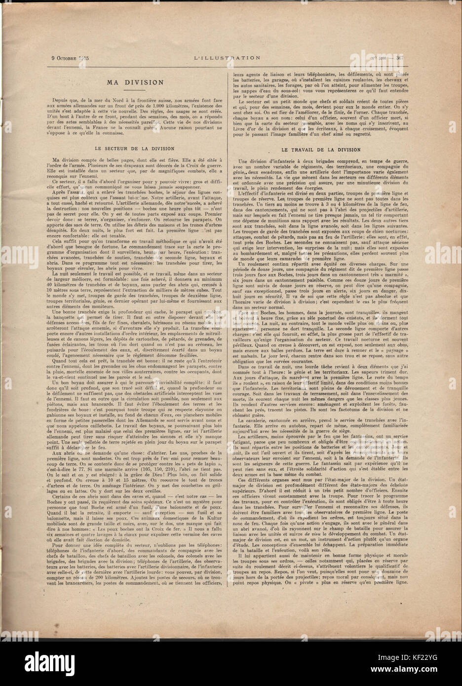 Das Cover des Magazins L'Illustration vom 9. Oktober 1915, Ausgabe 3788. Diese französische Publikation berichtete über den Ersten Weltkrieg, einschließlich Artikeln, Illustrationen und Fotografien, die die Auswirkungen des Krieges auf Europa darstellten. Die Ausgabe liefert eine Momentaufnahme des Kriegs und seiner kulturellen Bedeutung zu dieser Zeit. Stockfoto