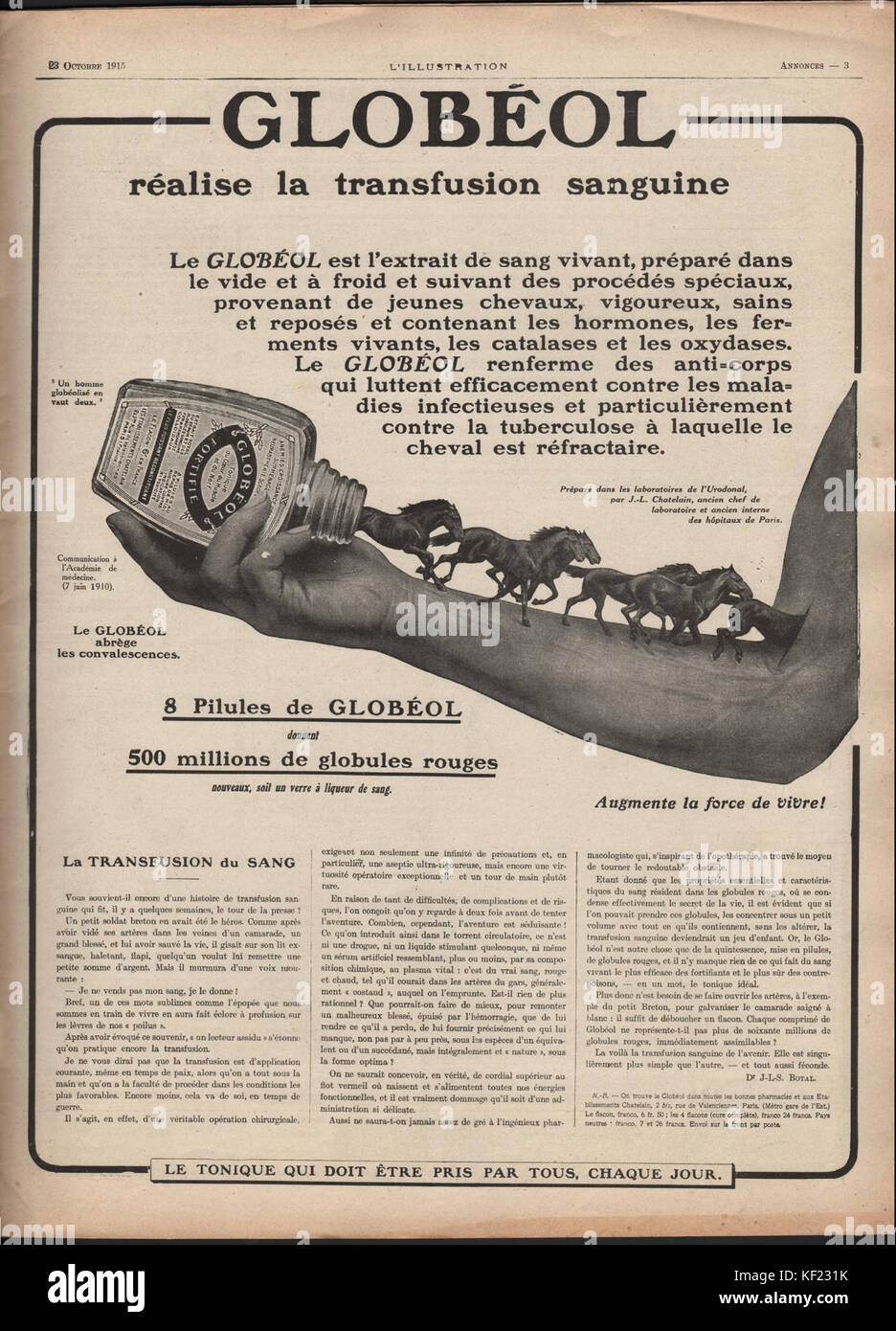 Eine Ausgabe von 1915 der Zeitschrift L'Illustration (Nr. 3790, 23. Oktober) mit Anzeigen und Illustrationen aus dieser Zeit. Diese historische Ausgabe beleuchtet die französische Medienlandschaft des frühen 20. Jahrhunderts und bietet eine Momentaufnahme der Kriegspropaganda und kulturellen Trends. Stockfoto