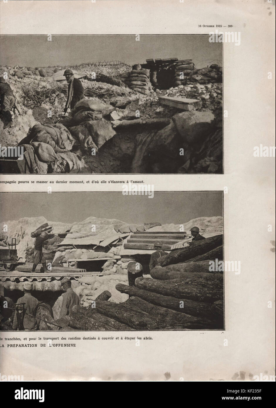 Diese Ausgabe von *L'Illustration* vom 16. Oktober 1915 enthält eine historische Seite, die die Stimmung des Ersten Weltkriegs durch illustrierte Inhalte und redaktionelle Kommentare einfängt. Stockfoto