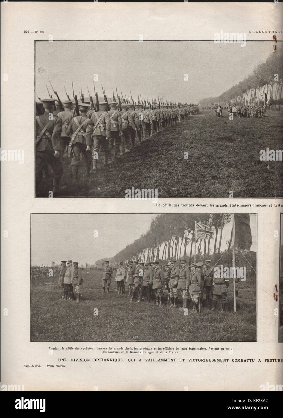 Eine historische Seite des Magazins L'Illustration, Ausgabe 3770, vom 5. Juni 1915, mit relevanten Inhalten und Bildern aus Kriegszeiten. Stockfoto