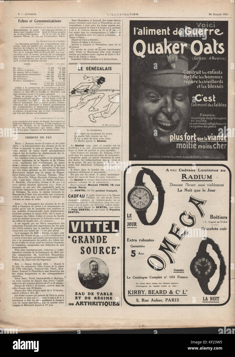 Eine Publikation des Magazins L’Illustration, Ausgabe 3777, vom 24. Juli 1915, einschließlich Werbung und visueller Inhalte aus dieser Zeit. Stockfoto