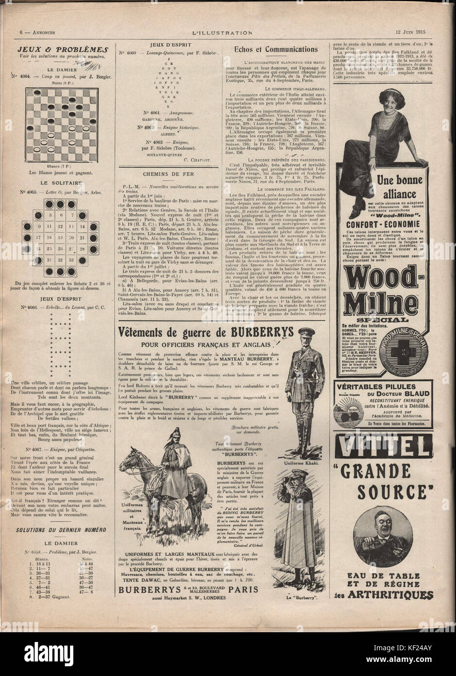 Dieses Bild stammt aus dem Magazin „L'Illustration“ Nr. 3771 vom 12. Juni 1915. Es enthält Werbespots von den Seiten des Magazins, die das historische Marketing der damaligen Zeit erfassen. Stockfoto